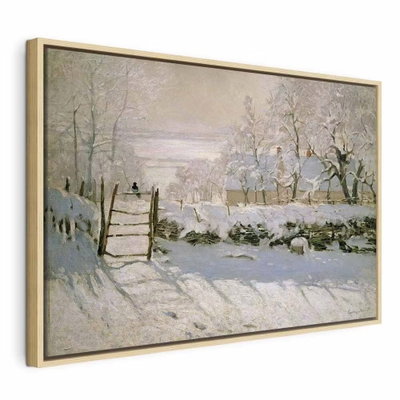 Claude monet the magpie – naturfärgad ram. En liten mörk fågel sitter vid en grind i ett ljust snölandskap med träd och långa mjuka skuggor.