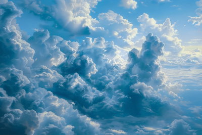 Ocean in the air waving – motivvy. Täta moln breder ut sig över en ljusblå himmel med mjuka stråk av solljus.
