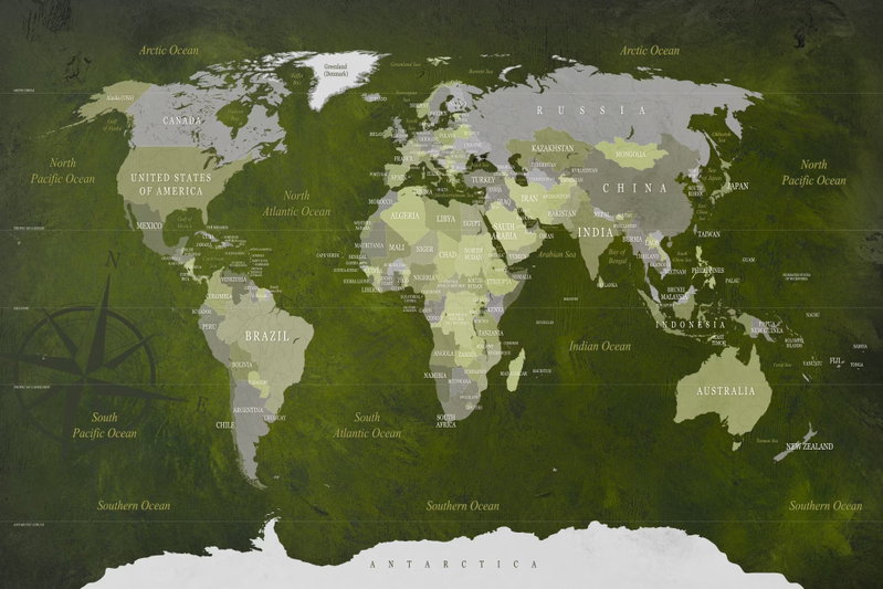 Malachite world: Ljusgröna och grå landytor ligger över en mörk olivgrön bakgrund med kompassros och karttexter.