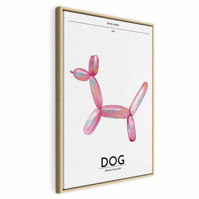 Holo dog colorful dog in – naturfärgad ram. En rosa, blankt återgiven ballonghund står på vit botten över det tryckta ordet DOG.