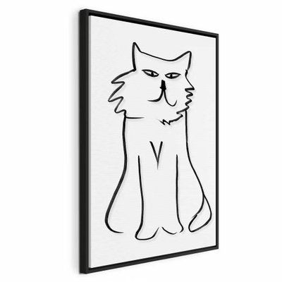I and m looking at you – svart ram. En sittande katt med spetsiga öron och smala ögon tecknas med en enkel svart konturlinje på vitt.