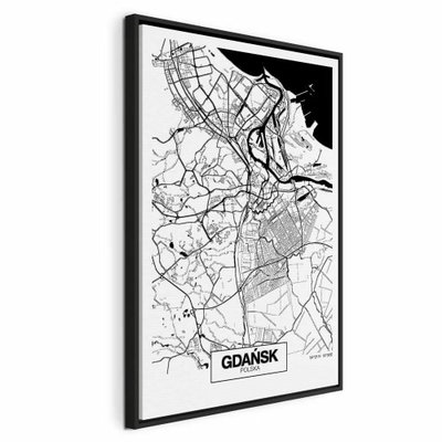 City plan gdansk vertical – svart ram. Tunna svarta gator möter en stor mörk vattenyta på en vit stadskarta med namnet GDAŃSK nedtill.