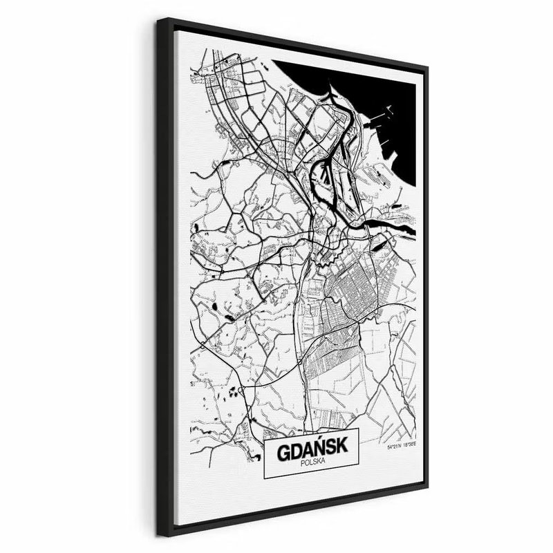 City plan gdansk vertical – svart ram. Tunna svarta gator möter en stor mörk vattenyta på en vit stadskarta med namnet GDAŃSK nedtill.