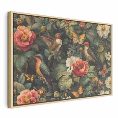 Flowers birds and – naturfärgad ram. En liten fågel sitter bland röda, vita och rosa blommor, gröna blad och orange fjärilar.