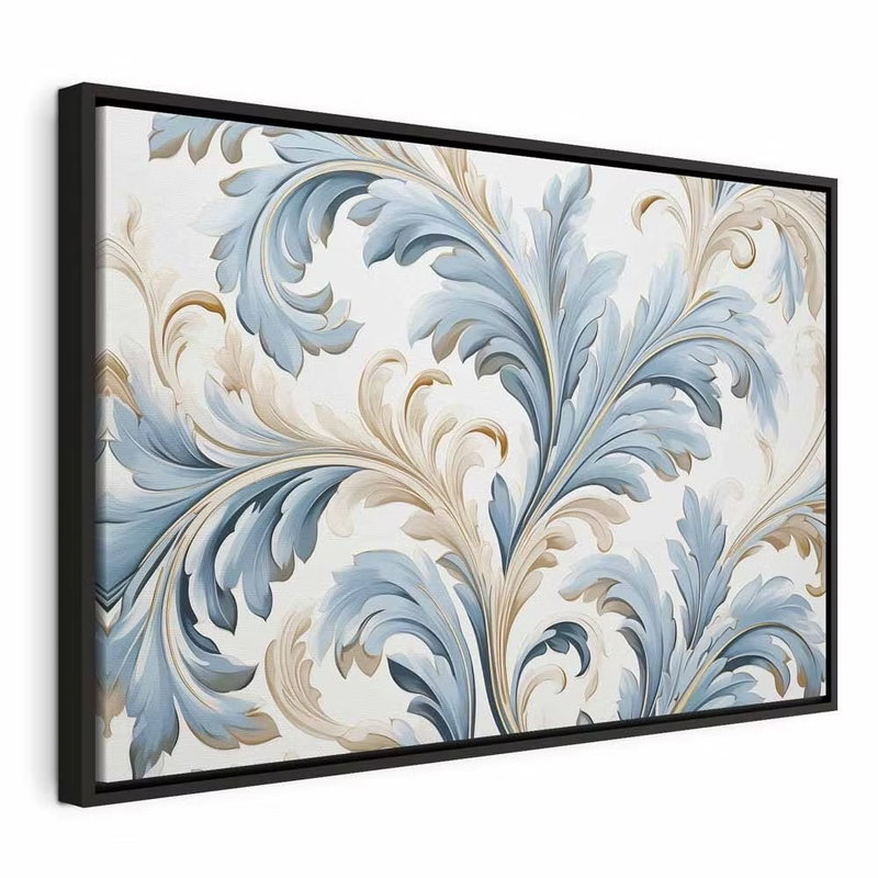 Baroque ornaments in light – svart ram. Stora, böjda bladformer i blågrått, crème och beige bygger ett tätt dekorativt mönster på vitt.