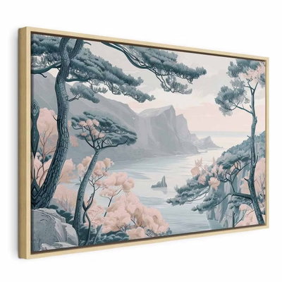 Mountainous coast with trees – naturfärgad ram. Böjda träd och rosa växtformer ramar in ett ljust kustlandskap med klippor och stilla vatten.