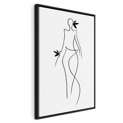 Exotic dance vertical – svart ram. En kvinnlig figur återges med få tunna svarta linjer och små bladliknande detaljer på vit botten.