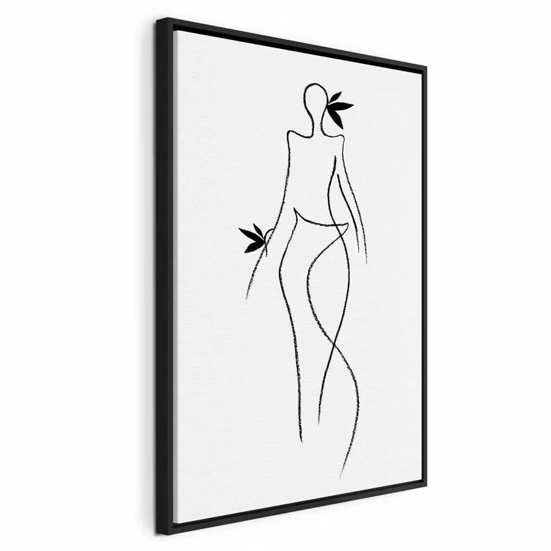 Exotic dance vertical – svart ram. En kvinnlig figur återges med få tunna svarta linjer och små bladliknande detaljer på vit botten.