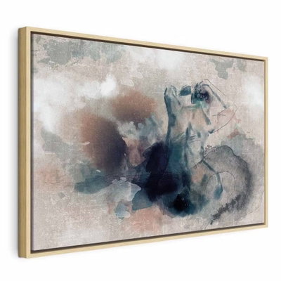 Thoughtful in blue – naturfärgad ram. Ett ansikte byggs upp av blå och grå färgskiftningar tillsammans med bruna och beige fält.