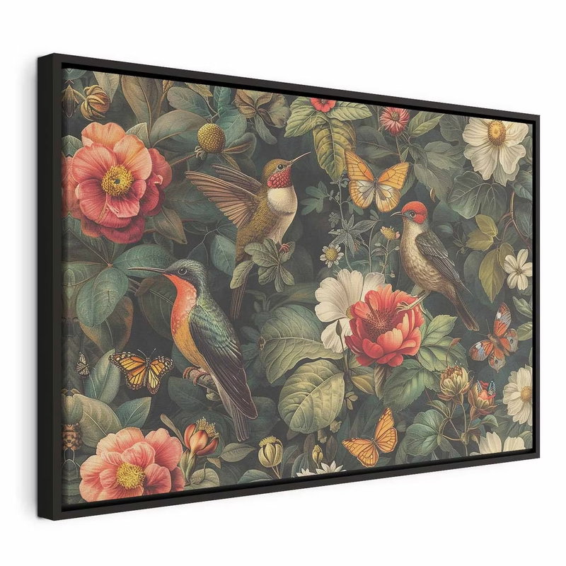Flowers birds and – svart ram. En liten fågel sitter bland röda, vita och rosa blommor, gröna blad och orange fjärilar.