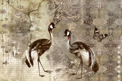 Retro cranes wide – motivvy. Två långbenta fåglar står bland tunna trädformer och dekorativa detaljer på en åldrad beige bakgrund.