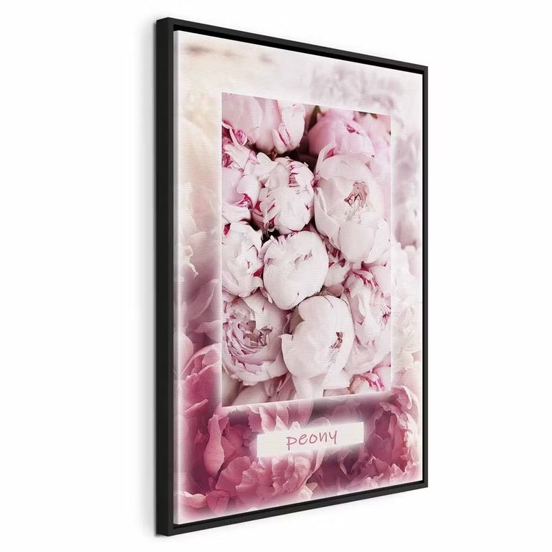 Spring delicacy vertical – svart ram. Ljusa rosa pioner och mjuka blomdetaljer fyller bildytan inom en tunn, ljus bård.