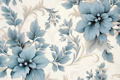 Turquoise flowers in retro – motivvy. Blågrå blommor och slingrande blad bildar ett dekorativt mönster på en ljus crèmefärgad botten.