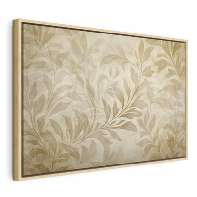 Botanical motif with leaves – naturfärgad ram. Överlappande blad i beige, crème och gråbrunt breder ut sig över en varm, ljust texturerad bakgrund.