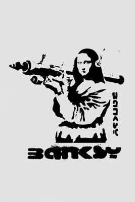 Contrast duel banksy on – motivvy. En svartvit figur riktar ett långt föremål åt sidan ovanför kraftig, tryckt typografi på ljusgrå botten.