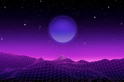 Futuristic landscape wide – motivvy. Ett rutnätsmönstrat bergslandskap ligger under en lila planet och små stjärnor på mörk himmel.