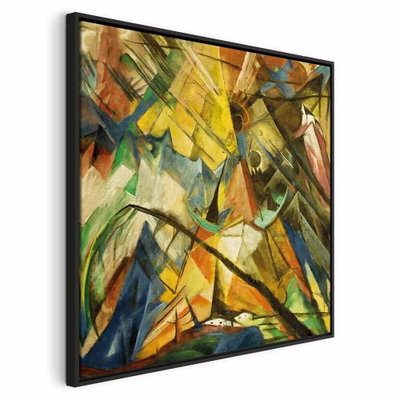 Franz marc tirol – svart ram. Gula, gröna, blå och bruna former möts i en tät komposition av diagonaler och brutna ytor.