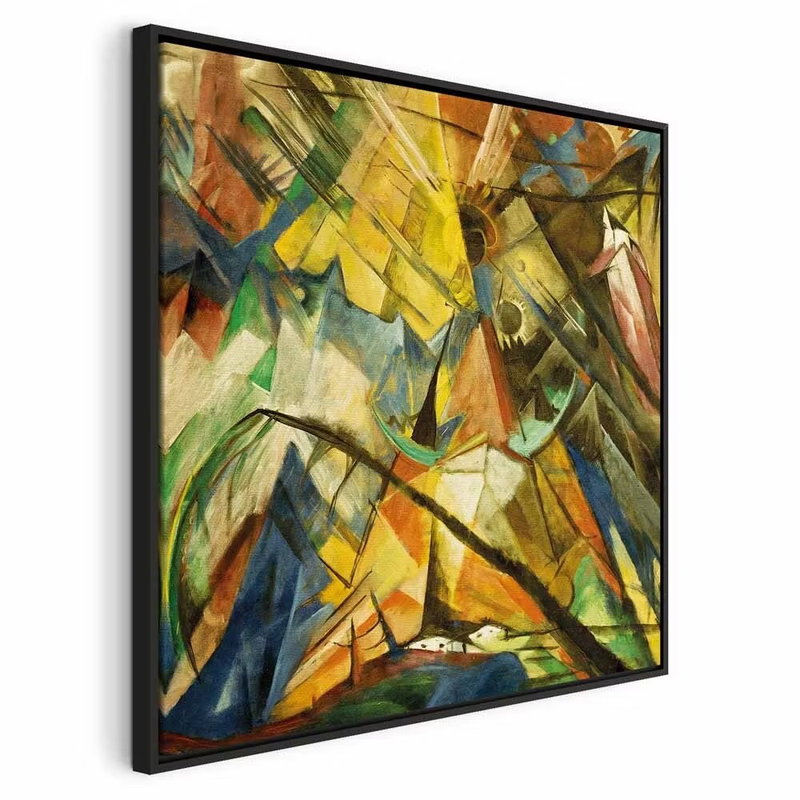 Franz marc tirol – svart ram. Gula, gröna, blå och bruna former möts i en tät komposition av diagonaler och brutna ytor.