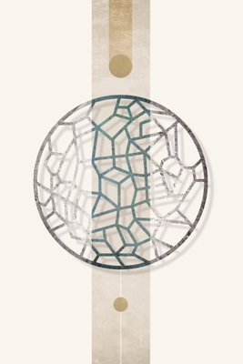 Circle with artistic details – motivvy. En cirkel med oregelbundna grå och turkosa linjer ligger över ett lodrätt beige band med små runda detaljer.