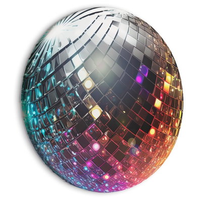 Rund motivvisning af Silver disco ball: Sølvgrå spejlfelter danner en diskokugle med turkise, lyserøde og gyldne lysreflekser.