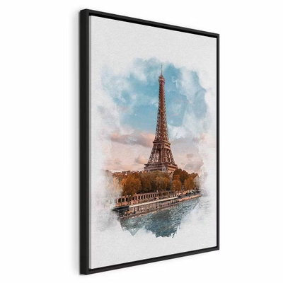 Paris view vertical – svart ram. Eiffeltornet och omgivande byggnader återges i varma färger med blå och rosa akvarellskiftningar.