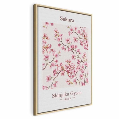 Sakura vertical – naturfärgad ram. Blommande körsbärsgrenar i rosa och vitt återges tillsammans med tunn typografi på en ljus botten.