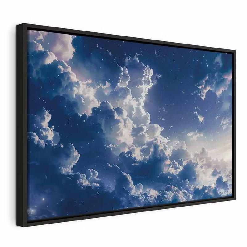 Starry clouds and delicate – svart ram. Små vita moln sprider sig över en djupblå himmel med ljusare skiftningar i bilden.