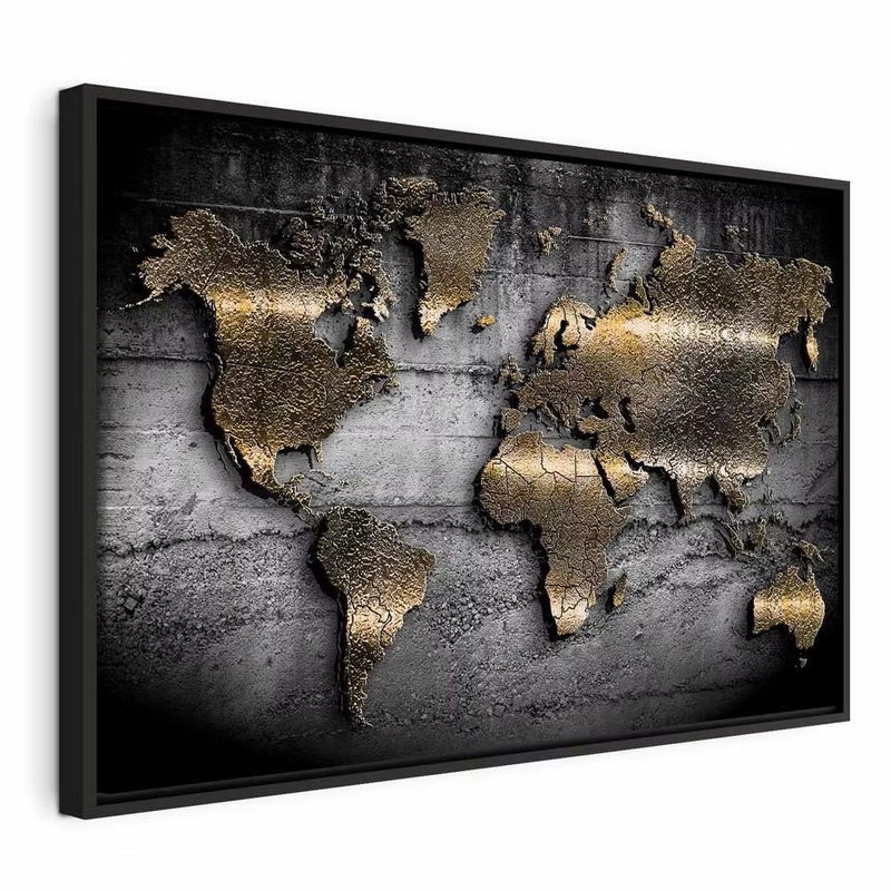 Jewels of the world wide – svart ram. Mörkt guldfärgade kontinenter med målat djup ligger över en grå, sprucken stenliknande bakgrund.