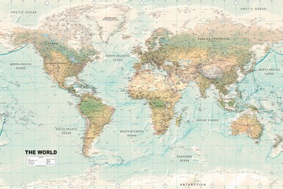World map beautiful world – motivvy. Beigefärgade landytor möter en blekt turkos, sliten bakgrund med små kartdetaljer.