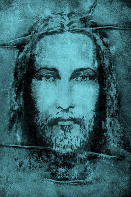 Shroud of turin in turqoise – motivvy. Ett skäggigt ansikte återges i mörka linjer mot en turkos, strukturerad bakgrund.
