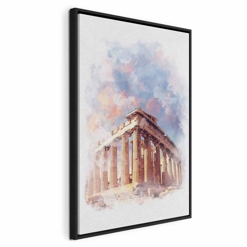 Painted parthenon vertical – svart ram. Ett klassiskt pelartempel återges med ljusa bruna detaljer och blårosa akvarellskiftningar.