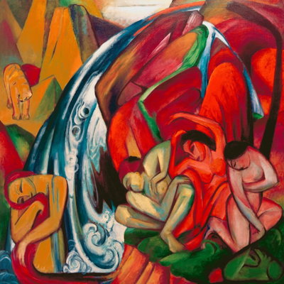 Franz marc the waterfall – motivvy. Blå vattenstråk och röda, orange, gröna och gula former bygger en tät, vinklad målning.