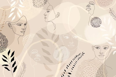 Feminine line art – motivvy. Flera kvinnliga ansikten i tunna konturlinjer möter blad, prickmönster och runda fält i beige och svart.