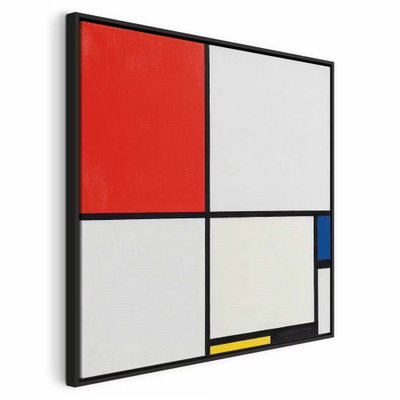 Piet mondrian composition – svart ram. Ett stort rött fält ligger ovanför vita ytor, med svarta skiljelinjer och små blå och gula partier.