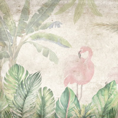 Kvadratisk motivförlaga för Birds wading among exotic flora: En rosa flamingo syns bland gröna tropiska blad på en ljus, flammig bakgrund.