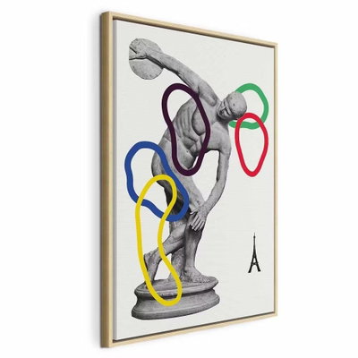 Collage graphic – naturfärgad ram. En grå figur i en kastande pose omges av fria slingor i blått, gult, lila, grönt och rött på ljust.