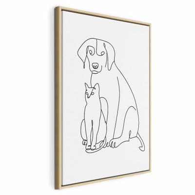Best friends vertical – naturfärgad ram. En stor sittande hund och en mindre katt framför den tecknas med tunna svarta konturer på vitt.