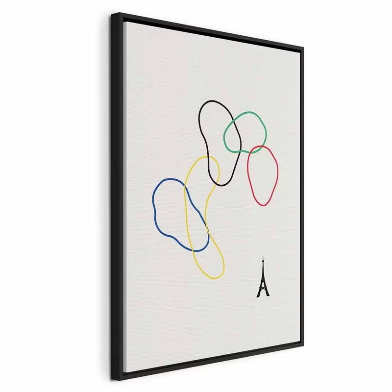 Colorful rings digital – svart ram. Fria blå, gula, gröna, röda och lila slingor rör sig över en ljus botten med en liten svart tornsymbol.