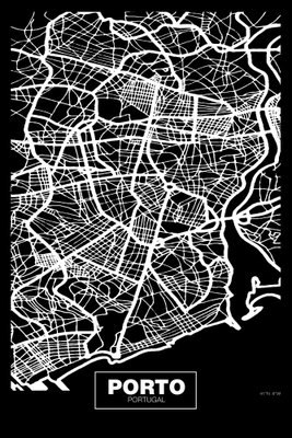 Negative map porto vertical – motivvy. Tunna vita gator och kvarter bildar en karta över Porto på en svart bakgrund med liten typografi.