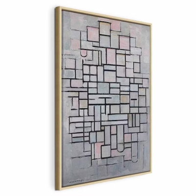 Piet mondrian composition iv – naturfärgad ram. Tunna mörka linjer delar upp ljusgrå och blekt rosa rektanglar i ett oregelbundet rutnät.