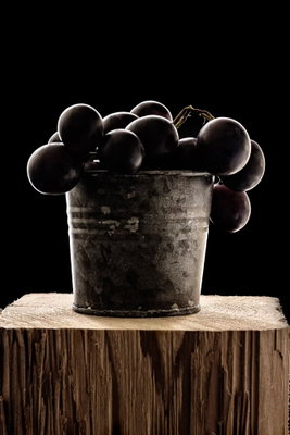 Juice of love vertical – motivvy. Mörka runda former fyller en liten hink som står på en trästubbe mot en svart bakgrund.