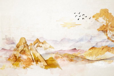 Golden mountains wide – motivvy. Små guldfärgade berg, blekt rosa höjder och ett träd möter en stor ljus himmel med små fåglar.