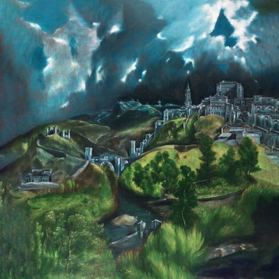 Kvadratisk motivförlaga för El greco - view of toledo: En stad med torn och täta hus ligger ovanför gröna sluttningar under en dramatisk molnhimmel.