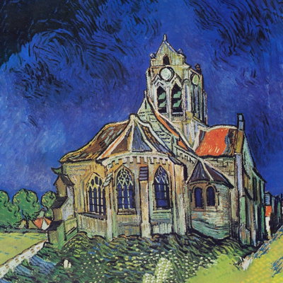 Kvadratisk motivförlaga för Vincent van Gogh - The church: En kyrka med vinklade tak och smala fönster står mot en djupblå himmel.