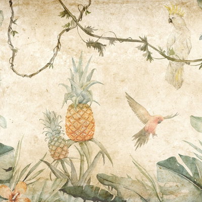 Kvadratisk motivförlaga för Tropics in muted colors: En ananas och en fågel omges av grenar och tropiska blad mot en ljus botten.