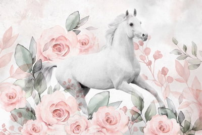 Gallop among the roses wide – motivvy. En vit häst i rörelse omges av rosa rosor och blekt gröna blad i en ljus illustration.