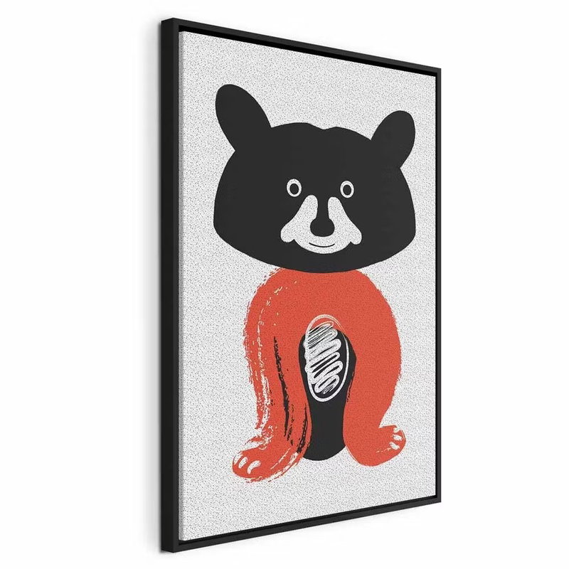 Nice mr raccoon vertical – svart ram. En svart, vit och orange tvättbjörn står mot en ljust strukturerad botten.