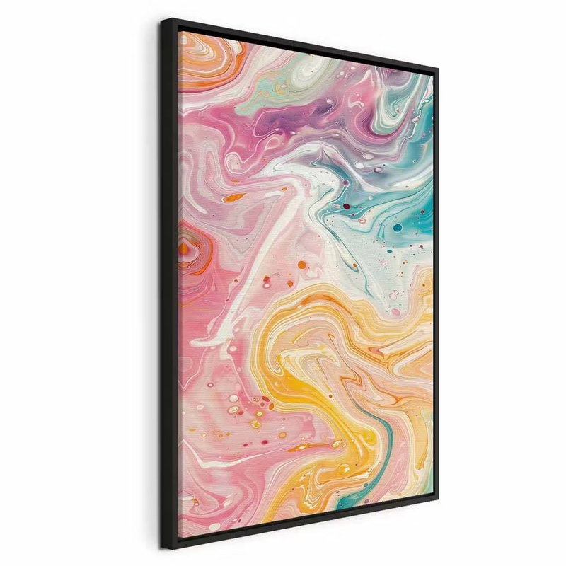 Colorful chaos dynamic – svart ram. Rosa, gula, blågröna och vita färgskikt flyter samman i täta, marmorerade virvlar med små prickar.