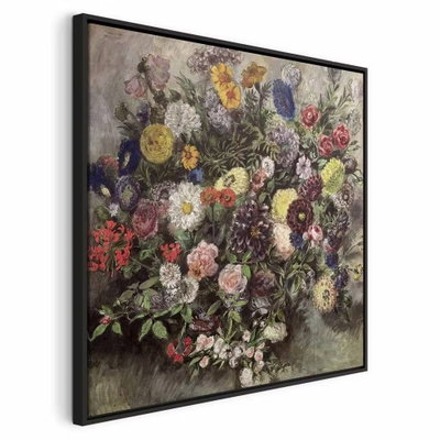 Eugène delacroix bouquet of – svart ram. Vita, rosa, röda, gula och blå blommor fyller en stor bukett med grönt bladverk mot en dämpad bakgrund.