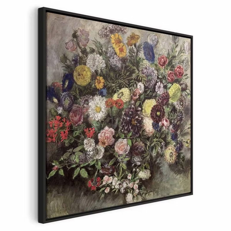Eugène delacroix bouquet of – svart ram. Vita, rosa, röda, gula och blå blommor fyller en stor bukett med grönt bladverk mot en dämpad bakgrund.